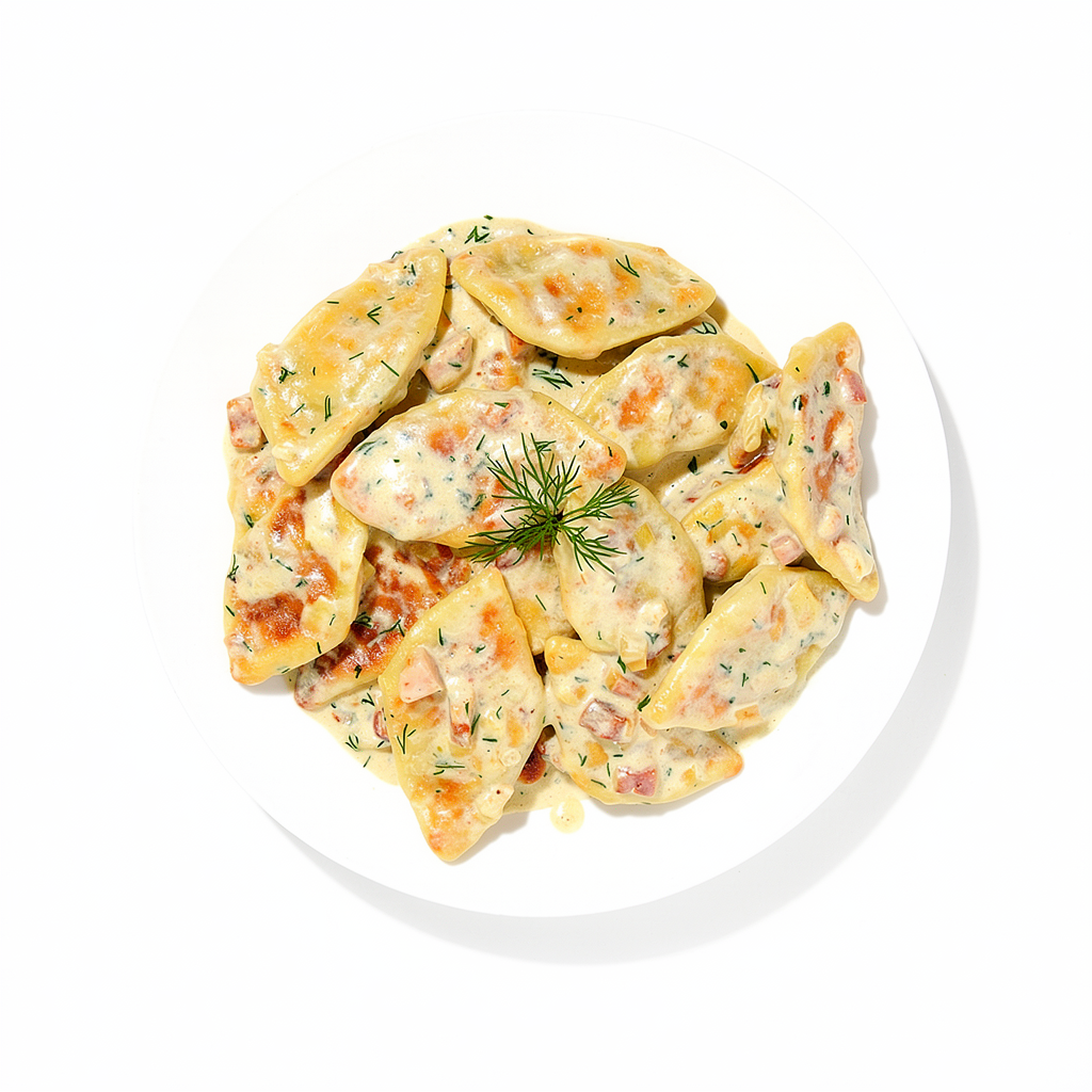 Chrupiaki ziemniaczane z piekarnika z sosem śmietanowo-boczkowym