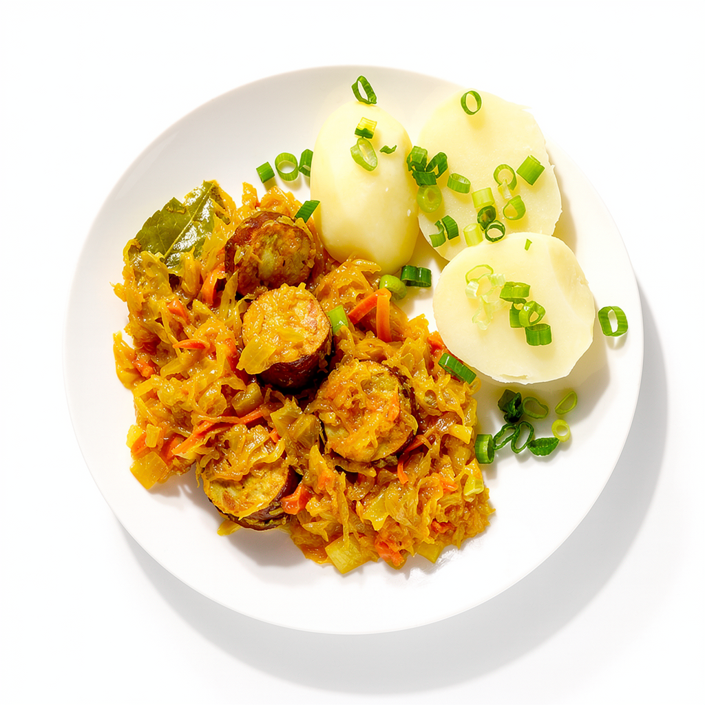 Duszona kapusta kiszona z kiełbasą wędzoną i przecierem pomidorowym